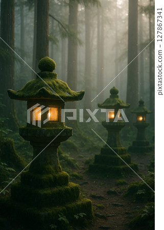 A landscape photo of a stone lantern lit in a mossy forest shrouded in mist, creating a fantastic atmosphere 127867341