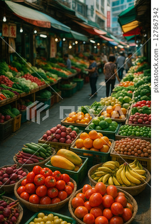 A photo of a vibrant local market, with colorful fruits and vegetables such as tomatoes and bananas on display 127867342