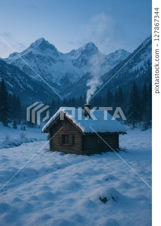 一張寧靜的冬日風景照片，山深處有一座白雪覆蓋的山間小屋，煙囪冒出炊煙 127867344