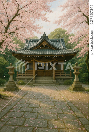 美麗的春日風景照片，日本傳統神社和石板路面被盛開的櫻花環繞 127867345