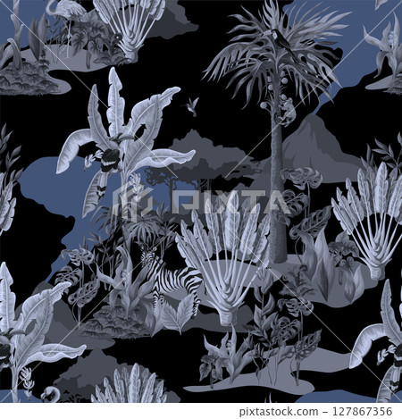 Seamless monochrome pattern with jungle animals, flowers and trees. Vector. Seamless monochrome pattern with jungle animals, flowers and trees. Vector. 127867356