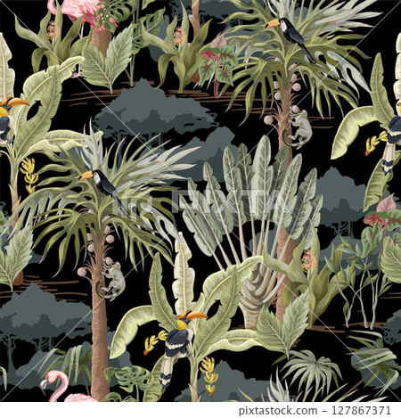 Seamless pattern with jungle animals, flowers and trees. Vector. 127867371