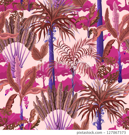 Seamless pattern with exotic trees such us palm and banana. Interior vintage wallpaper. Seamless pattern with exotic trees such us palm and banana. Interior vintage wallpaper. 127867373