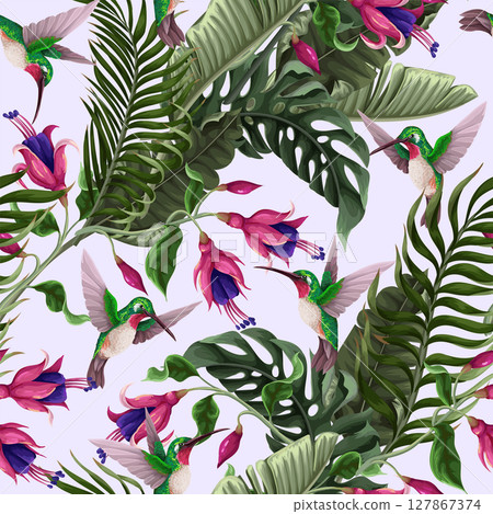 Seamless pattern with hummingbirds and tropical flowers. Trendy vector print. 127867374