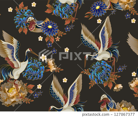 Seamless pattern with mandarin ducks, flowers and cranes. Vector. 127867377