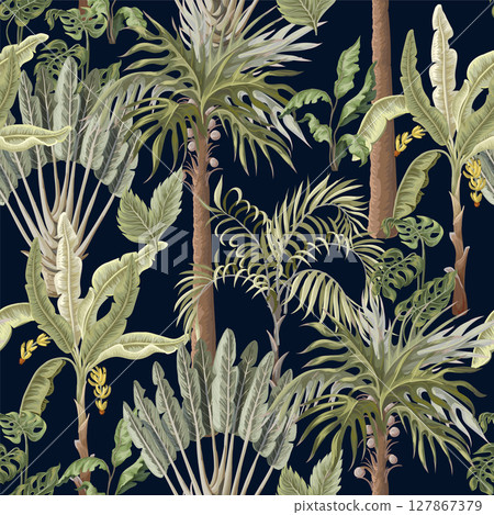 Seamless pattern with exotic trees such us palm and banana. Interior vintage wallpaper. Seamless pattern with exotic trees such us palm and banana. Interior vintage wallpaper. 127867379