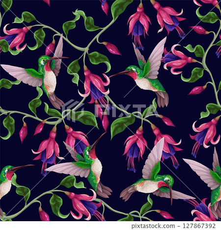 Seamless pattern with hummingbirds and tropical flowers. Trendy vector print. 127867392