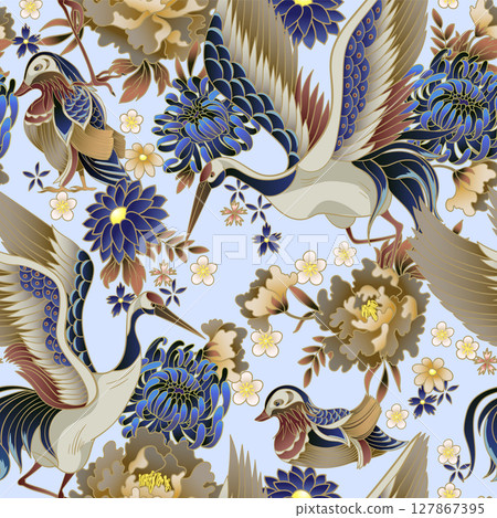 Seamless pattern with mandarin ducks, flowers and cranes. Vector. 127867395