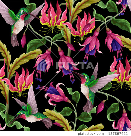 Seamless pattern with hummingbirds and tropical flowers. Trendy vector print. 127867421