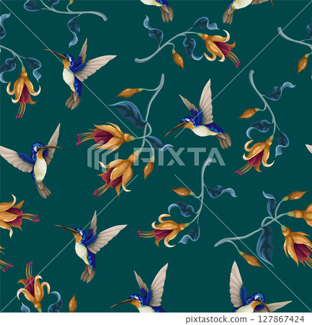 Seamless pattern with hummingbirds and tropical flowers. Trendy vector print. Seamless pattern with hummingbirds and tropical flowers. Trendy vector print. 127867424
