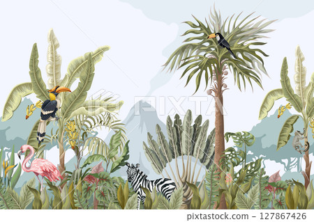 Pattern with jungle animals, flowers and trees. Vector. 127867426