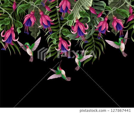 Border with hummingbirds and tropical flowers. Trendy vector print. 127867441