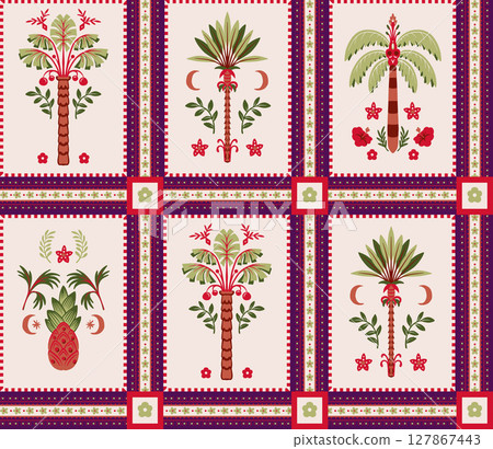 Seamless pattern with simple palms and geometrical ornament. Vector. Seamless pattern with simple palms and geometrical ornament. Vector. 127867443