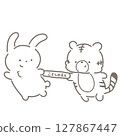 Tiger passing the baton of this year's zodiac sign in a relay race, and rabbit receiving it, black and white 127867447