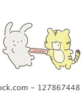 The tiger passes the baton of this year's zodiac sign to the rabbit in a relay race 127867448