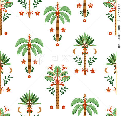 Seamless pattern with simple palms and geometrical ornament. Vector. 127867452