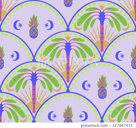 Seamless pattern with simple palms and geometrical ornament. Vector. 127867455
