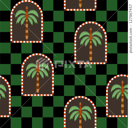 Seamless pattern with simple palms and geometrical ornament. Vector. 127867457