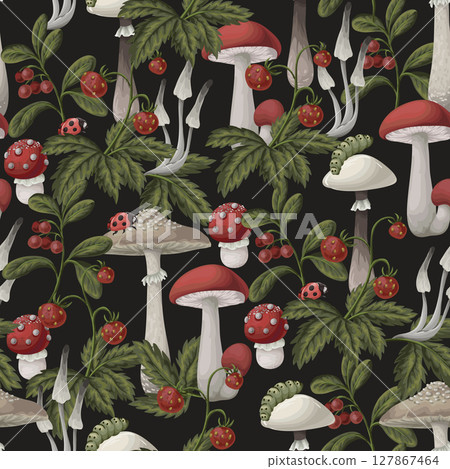 Seamless pattern with mushrooms, berries, plants and leaves. Vector. 127867464