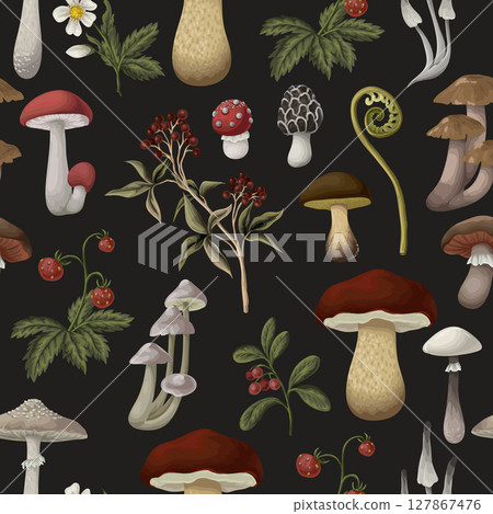 Seamless pattern with mushrooms, berries, plants and leaves. Vector. Seamless pattern with mushrooms, berries, plants and leaves. Vector. 127867476