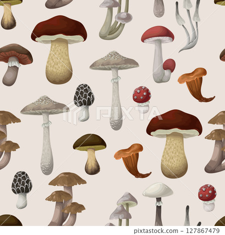 Seamless pattern with different mushrooms. Vector. 127867479