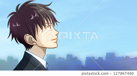 Anime-style illustration of a profile of a male student or working adult in uniform looking up at the blue sky in the city, facing right, with space to the right Anime-style illustration of a profile of a male student or working adult in uniform looking up at the blue sky in the city, facing right, with space to the right 127867480