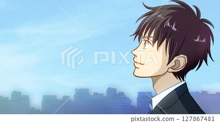 Anime-style illustration of a profile of a male student or working adult in uniform looking up at the blue sky in the city, facing left, with space on the left 127867481