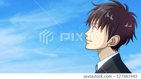 動漫風格的插圖,描繪了一位身穿制服的男學生或工作成年人的側面像,仰望藍天,面朝左側,左側有空間 動漫風格的插圖,描繪了一位身穿制服的男學生或工作成年人的側面像,仰望藍天,面朝左側,左側有空間 127867485