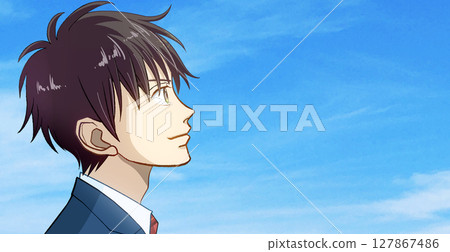 Anime-style illustration of a profile of a male student or working adult in uniform looking up at the blue sky, facing right, with space to the right Anime-style illustration of a profile of a male student or working adult in uniform looking up at the blue sky, facing right, with space to the right 127867486