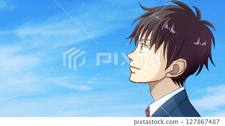 Anime-style illustration of a profile of a male student or working adult in uniform looking up at the blue sky, facing left, with space to the left 127867487