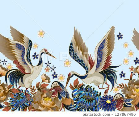 Border with mandarin ducks, flowers and cranes. Vector. Border with mandarin ducks, flowers and cranes. Vector. 127867490