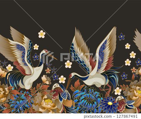 Border with mandarin ducks, flowers and cranes. Vector. 127867491