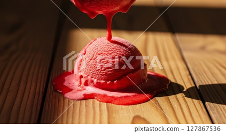 Melting Red Raspberry Ice Cream Scoop Dripping on Wooden Surface 127867536