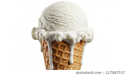 Melting Vanilla Ice Cream Scoop on Waffle Cone Dripping with Creamy Texture 127867537