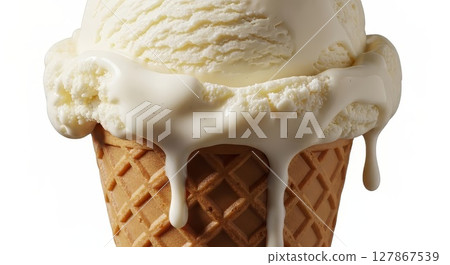 Melting Vanilla Ice Cream Scoops Dripping on Waffle Cone Closeup 127867539