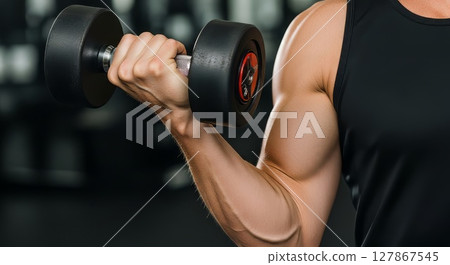Muscular Arm Lifting Black Dumbbell During Intense Strength Training Workout in Gym 127867545