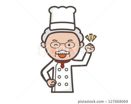 Illustration of the upper body of a motivated veteran male chef posing with his fist in the air 127868069