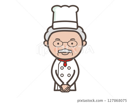 圖：一位資深男廚師以顧客服務姿勢迎接顧客的上半身 127868075