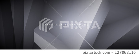 Dark gray modern abstract wide banner background with 3D diagonal geometric shapes. 127868116