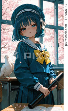 Crying Anime Girl in Sailor Uniform in Classroom with Doves 127868187