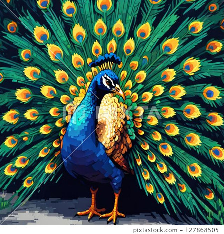 Cute pixel art of a peacock in line stamp style 127868505