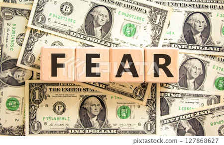 Fear symbol. Concept word Fear on beautiful wooden blocks. Dollar bills. Beautiful background from dollar bills. Business, lifestyle and fear concept. Copy space. 127868627