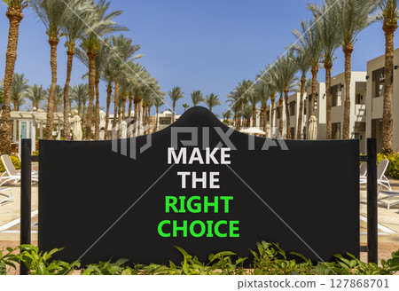 Make the right choice symbol. Concept words phrase Make the right choice on beautiful big black road sign. Beautiful palm tree blue sky background. Business Make the right choice concept. Copy space. 127868701