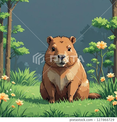 可愛的像素藝術水豚線郵票風格 127868729