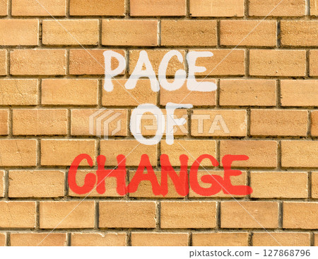 Pace of change symbol. Concept words Pace of change on beautiful brown brick wall. Beautiful brown brick wall background. Business pace of change concept. Copy space. 127868796