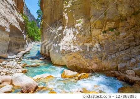National Park Samaria Gorge, hiking trail. Crete, Greece National Park Samaria Gorge, hiking trail. Crete, Greece 127868885