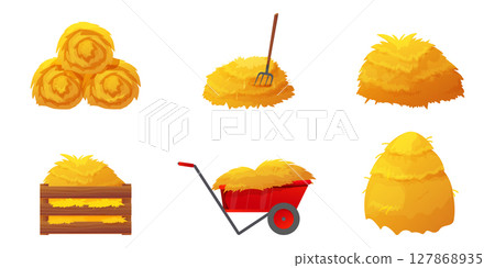 Set of hay and straw clipart. Includes flat farm piles, isolated bales, grass stacks, wooden box, rake, and sack. Perfect for village scenes, agriculture projects, and rural icons. Set of hay and straw clipart. Includes flat farm piles, isolated bales, grass stacks, wooden box, rake, and sack. Perfect for village scenes, agriculture projects, and rural icons. 127868935