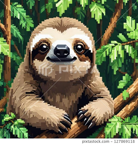 Cute pixel art sloth line stamp style 127869118
