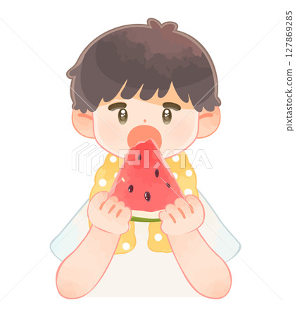 A boy eating watermelon with his mouth wide open 127869285