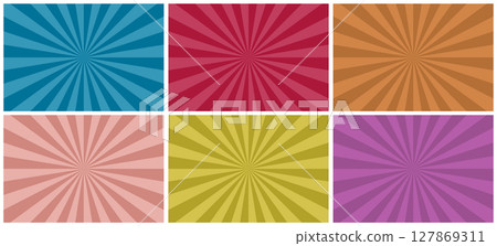 Collection of bright color striped backgrounds. Vintage radial art prints. Abstract pop vector artwork retro patterns for your design and ideas. Can be used like cards, posters, placards etc 127869311
